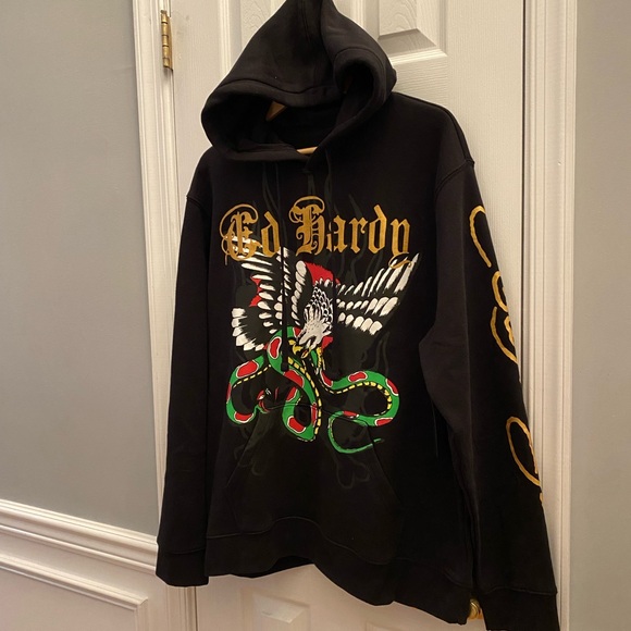 Ed Hardy Hoodie Mens Extra Large Eagle Snake Skull Flame Y2K Punk Black NWT - Picture 3 of 10